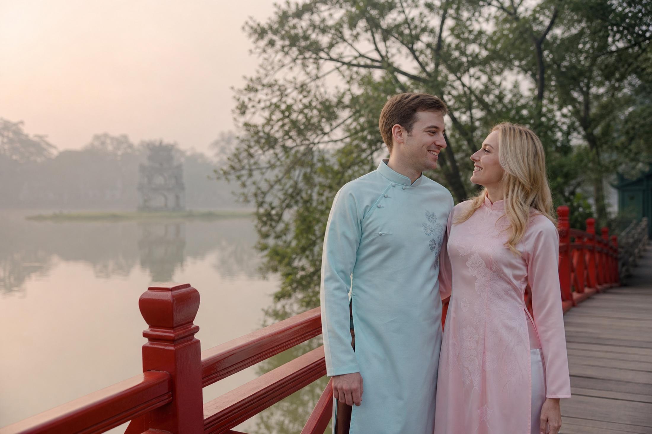 Lakeside Dawn — ao dai look in Hanoi